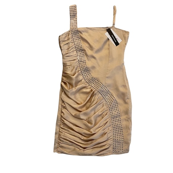 NWT PEPPE PELUSO Golden-Cream Satin Riveted Sleeveless Mini Evening Dress Size M - Picture 1 of 13